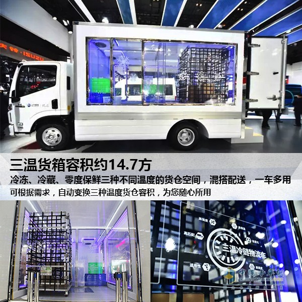 這臺躍進C300-33三溫冷鏈車采用透明玻璃貨廂，并使用聚氨酯泡沫作為廂體材料，導熱差、隔熱好、強度高就是它的優(yōu)勢所在。不僅如此，貨廂采用的是模塊化設計結合半自動化拼裝工藝，有效確保廂體密封。
