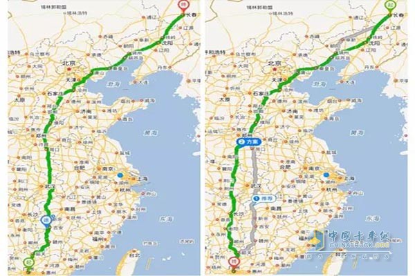 東風天龍旗艦與進口車型各自承載35噸電商物品，行車路線