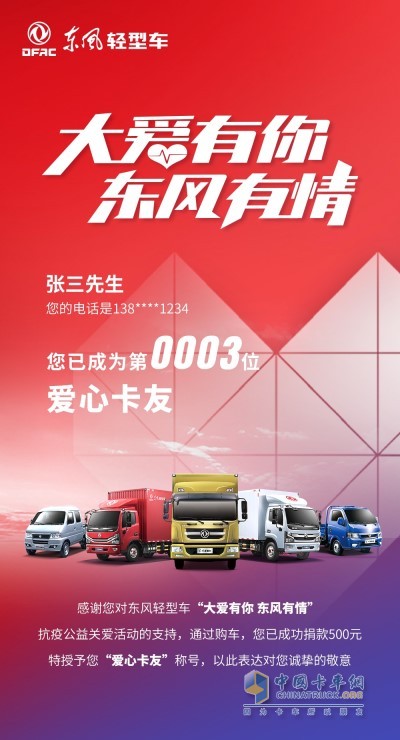 獲得“愛心卡友”榮譽稱號，并成為東風(fēng)兄弟俱樂部會員