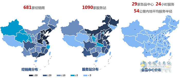 一汽解放現(xiàn)有近700家經(jīng)銷商，千余家服務(wù)站，29家備品中心