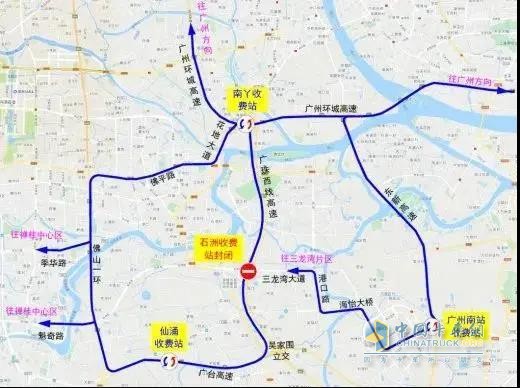 禪桂中心區(qū)、三龍灣片區(qū)往返廣州市區(qū)的車輛繞行路徑