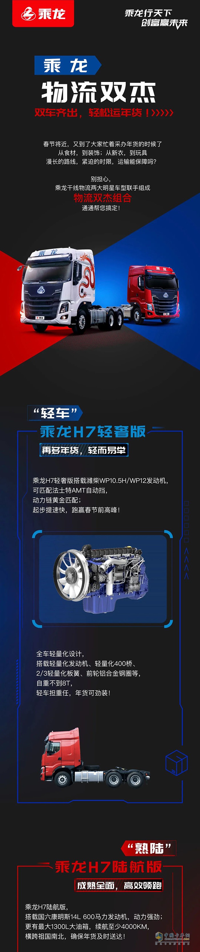物流雙杰-乘龍H7輕奢版&H7陸航版，攜手助力輕松運年貨