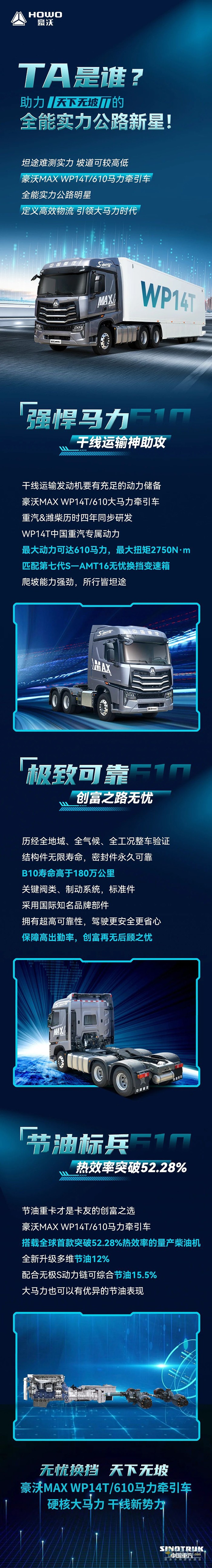 豪沃MAX WP14T 610馬力牽引車，助力“天下無坡”的全能實(shí)力公路新星！