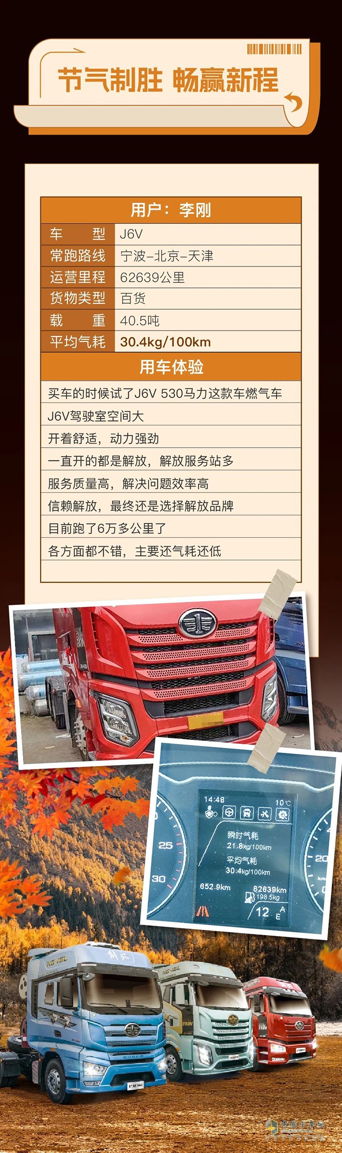 百公里氣耗30.4kg，解放J6V燃氣車助力李師傅致富無憂！