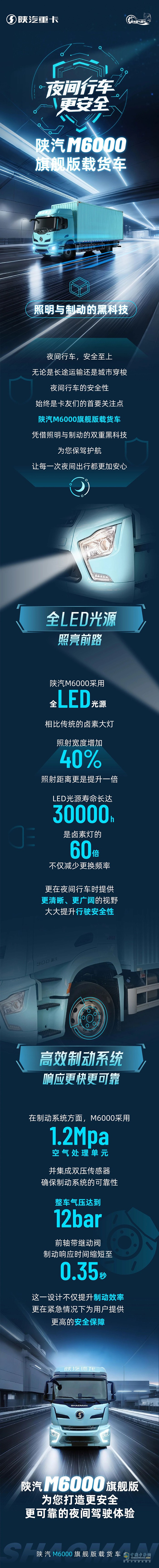 夜間行車更安全！陜汽M6000旗艦版載貨車，照明與制動(dòng)的黑科技！